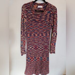 Midi Knit Colorful Retro Style Dress With Slit On Left Size L